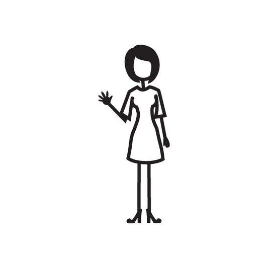 Mom decal of woman in dress with right arm waving, black outline