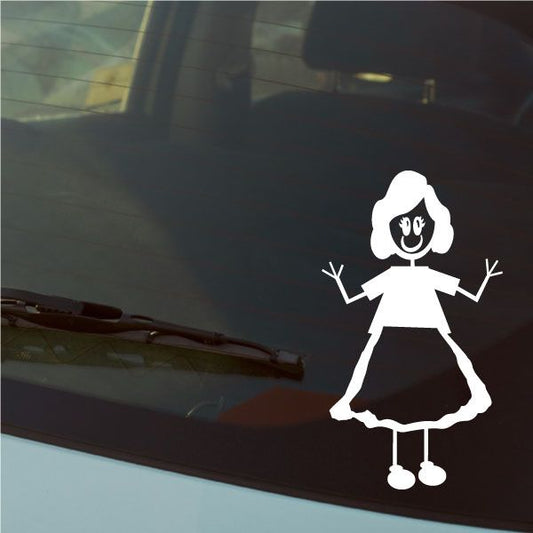 White mom wavy-hair wall decal with smiling face, arms up, skirt and dangling legs.