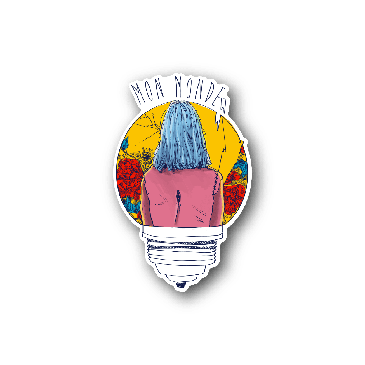 Mon Monde Lightbulk vinyl sticker: lightbulb illustration with blue hair and pink figure