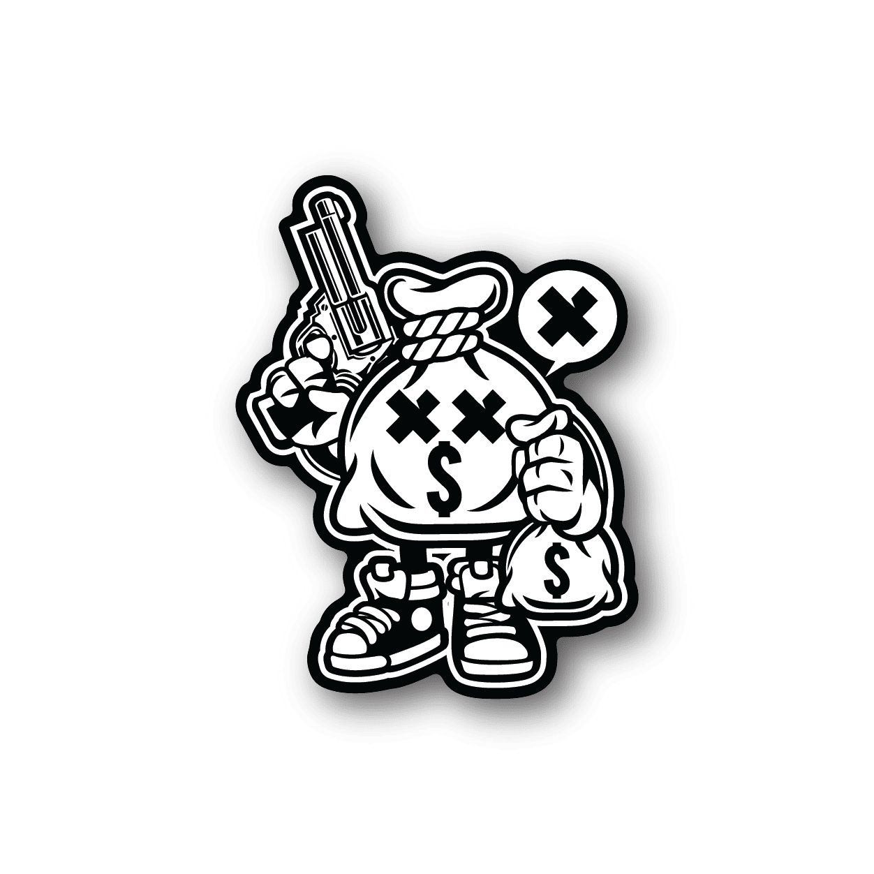 Money bank robber vinyl sticker, cartoon character holding money bag and cash