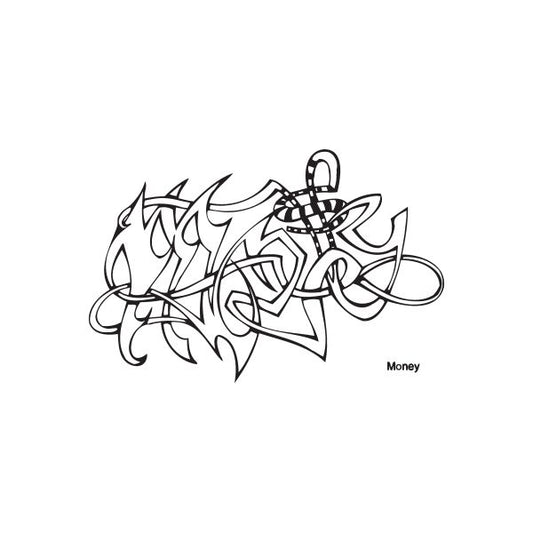 Graffiti money decal with bold black line art and small 'Money' text