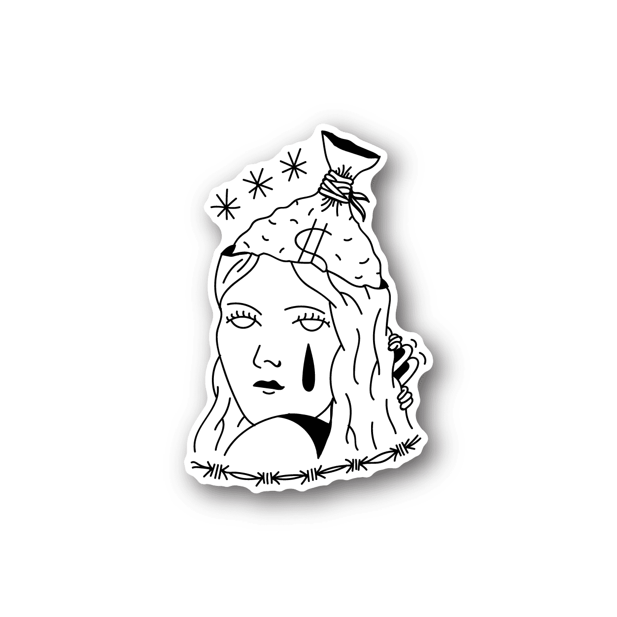 Vinyl sticker with white line art of a woman holding her head and stars
