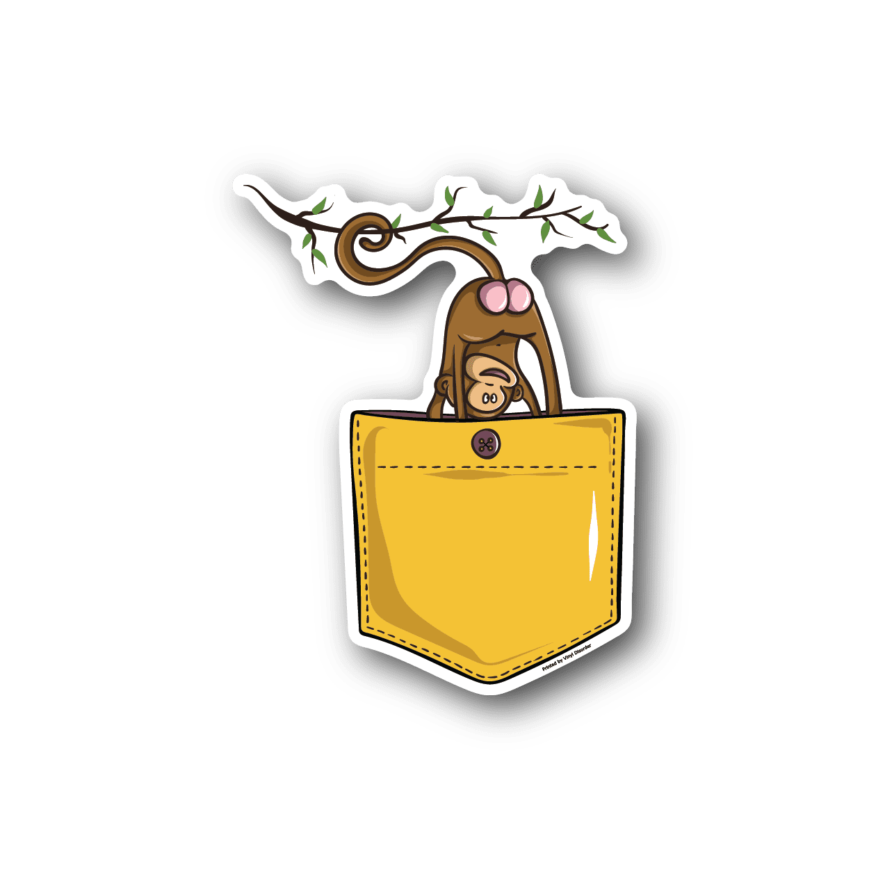 Vinyl sticker featuring cartoon monkey peeking from a yellow pocket, with green vines