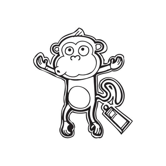 Monkey graffiti decal, cartoon monkey with black outline, hands up and swirled details