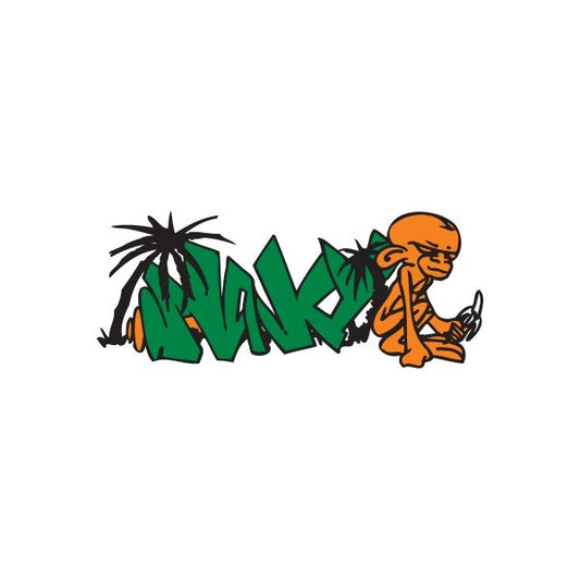 Graffiti-style monkey sticker with green letters and orange monkey.