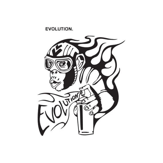 Monkey Tagger decal: black-and-white cartoon monkey with flames and EVOLUTION text