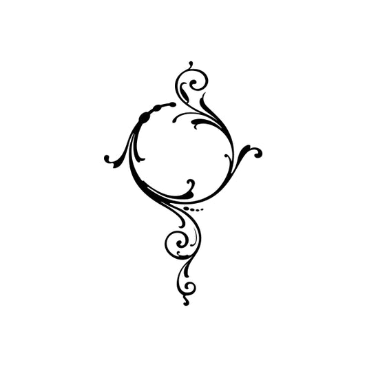 Ornate circular monogram frame decal with filigree corner swirls, empty center