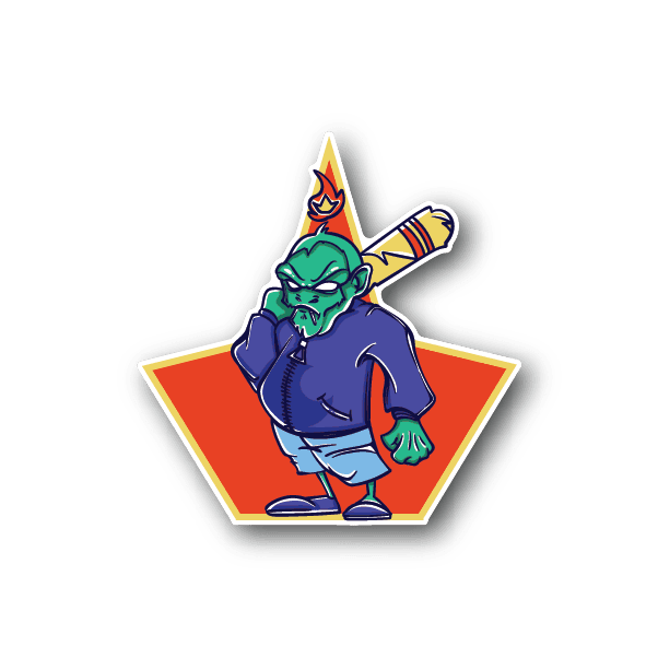 Monster baseball player vinyl sticker, blue uniform with bat and flame cap