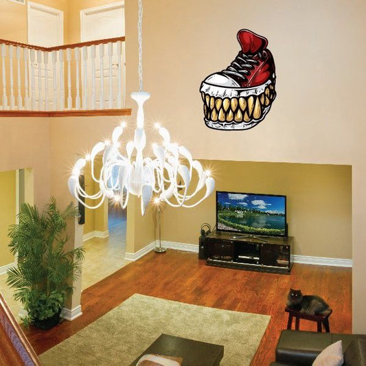 Basketball shoe monster wall decal vinyl sticker with red and black sneaker and gold teeth