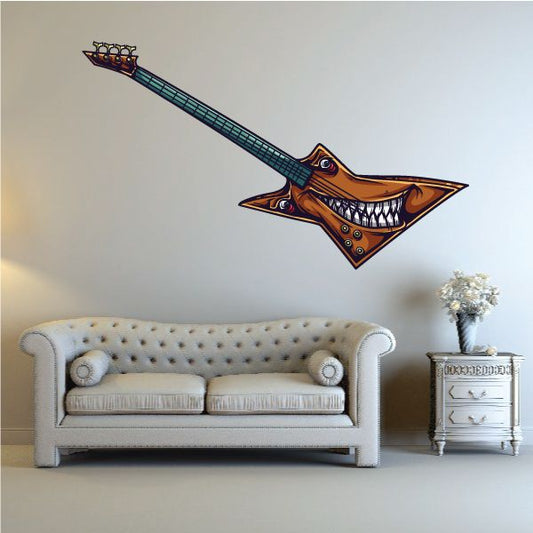 Bass guitar printed die-cut decal with monster mouth design