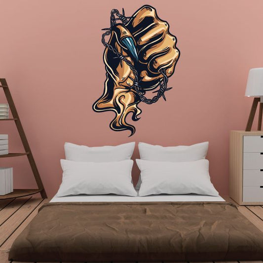 Monster finger sticker with blue and orange roaring monster head graphic