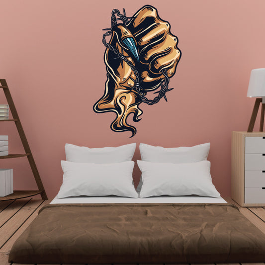 Monster hand sticker with raised clawed hand, blue outline and gold details