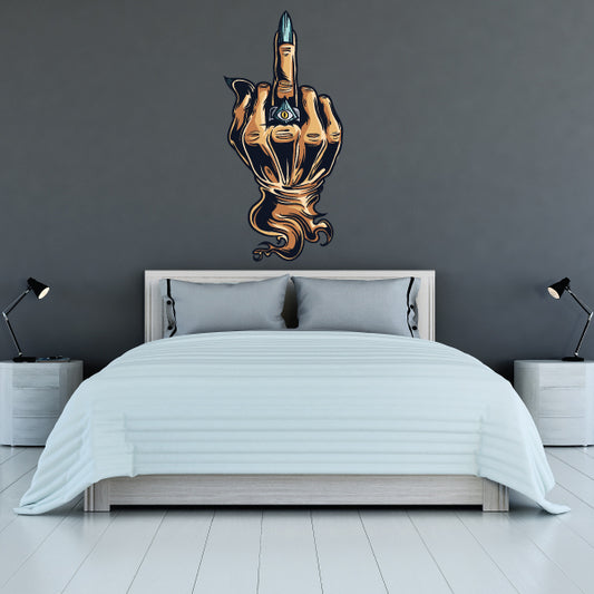 Vinyl wall decal of a monster middle finger hand gesture, gold and black
