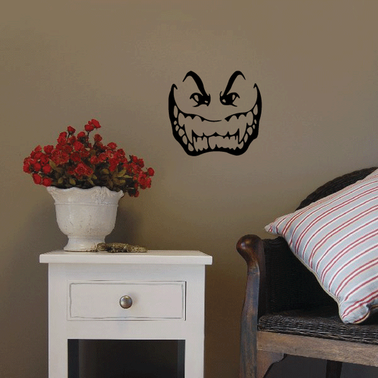 Black monster moon smile wall decal, grinning face with horns and teeth