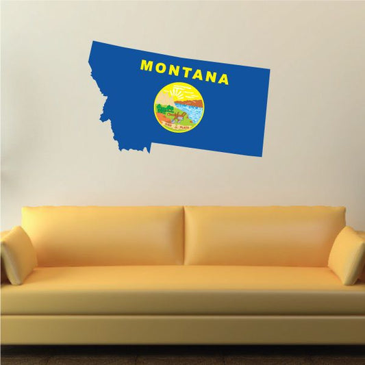 Montana flag shape sticker: blue outline with Montana text and circular state seal