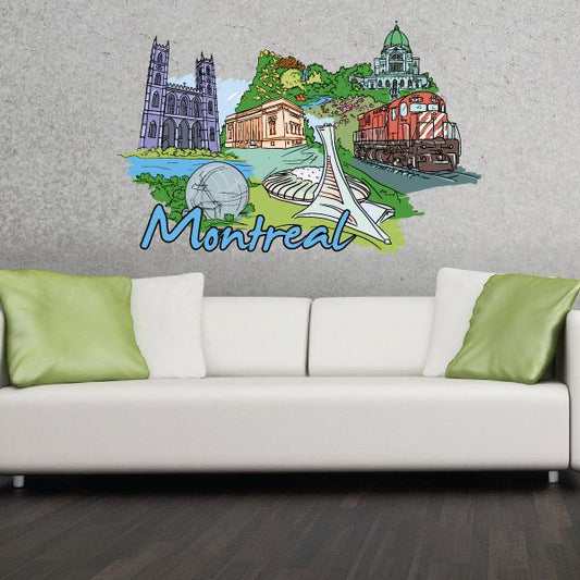Montreal sticker featuring colorful skyline, train, globe, and 'Montreal' lettering