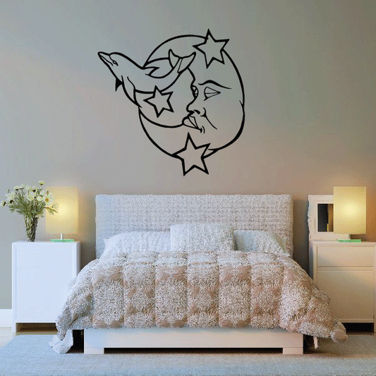 Moon and dolphins wall decal with star accents, black line art