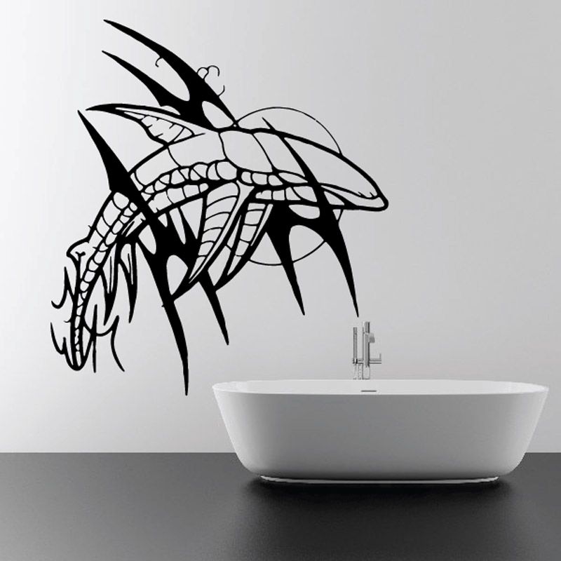 Whale and moon wall decal, black line art with flowing tail and ornate fins