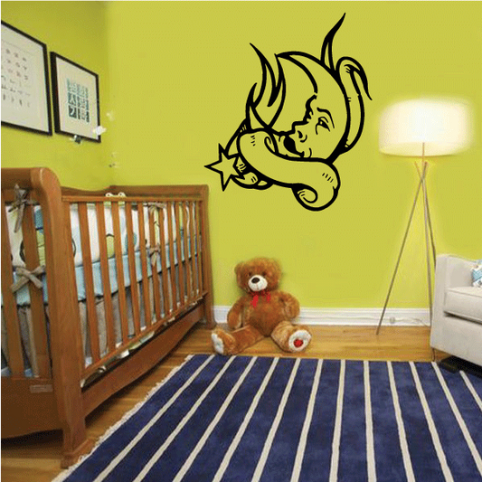 Moon and scroll wall decal with star and curving sleeping figure silhouette