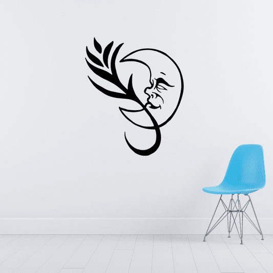 Moon-and-branch wall decal with black profile face illustration