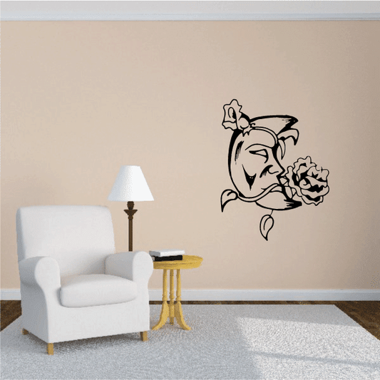 Moon biting flower wall decal in black line art