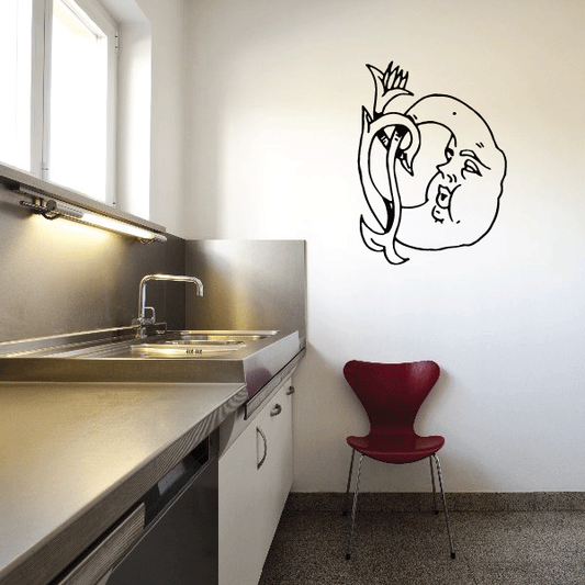 Moon blowing flower wall decal with line-art moon and flower