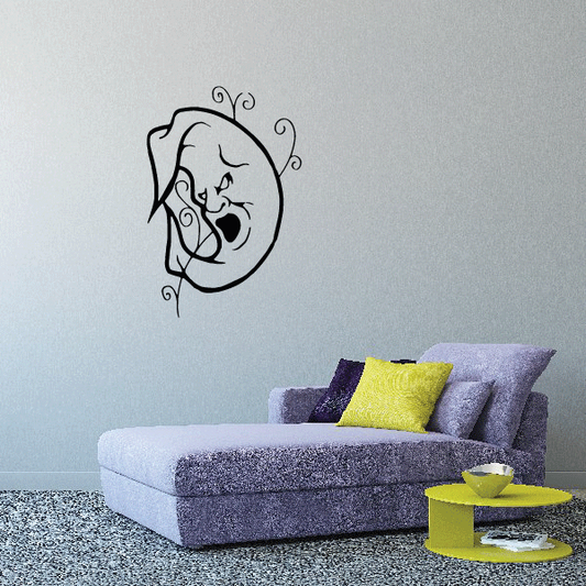 Moon face blowing hard wall decal, black line-art crescent with beard