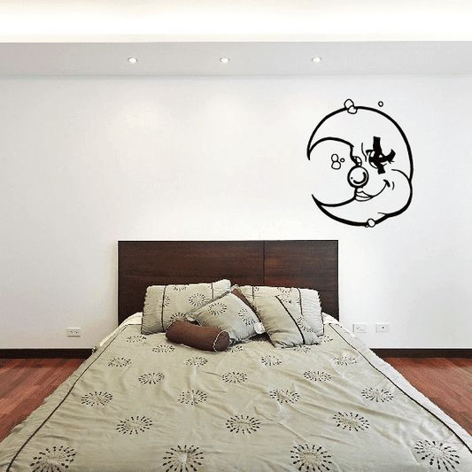Clown moon wall decal with smiling face and tiny stars, black outline