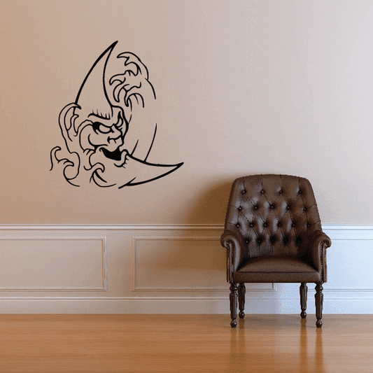 Moon and waves wall decal with cartoon face and curling wave lines
