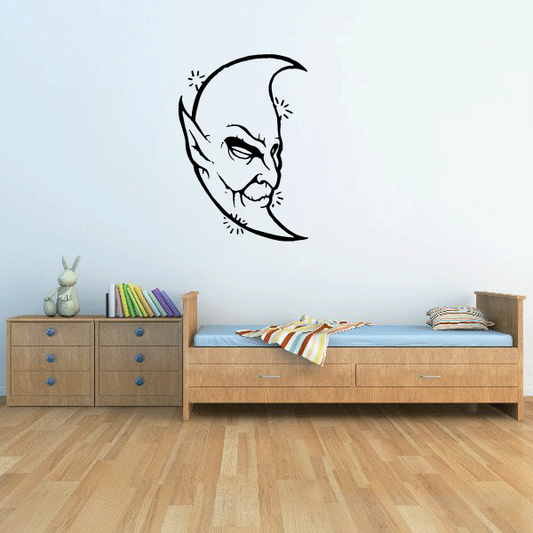 Moon dozing off decal: white crescent moon with sleeping face line art