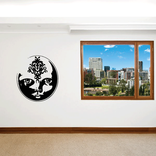 Moon face symbol wall decal, black circular design