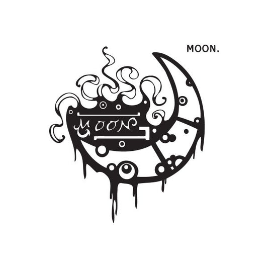 Graffiti moon decal with drips and 'MOON.' text, black outline design