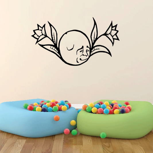 Moon growing flowers wall decal with smiling baby moon and flowers, black outline