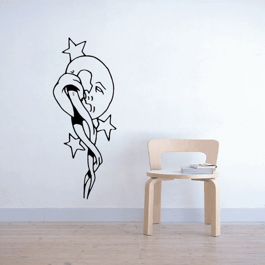 Moon hanging wall decal with outlined moon, face, ribbon, and stars
