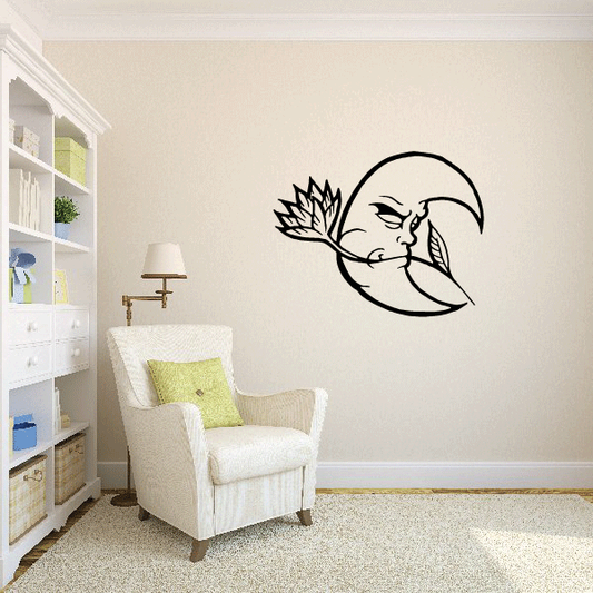 Moon holding flower wall decal with minimal line art, black outline on light surface