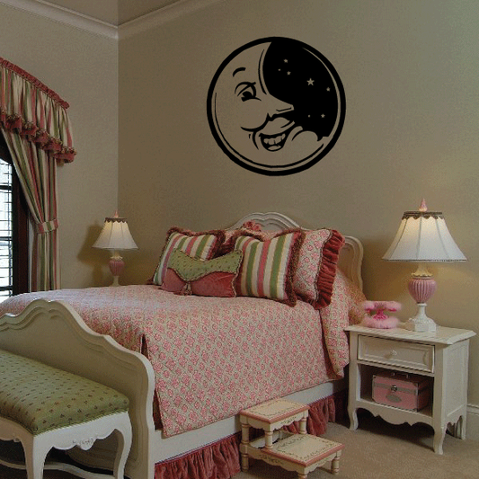 Moon face wall decal, round black outline with smiling crescent and stars