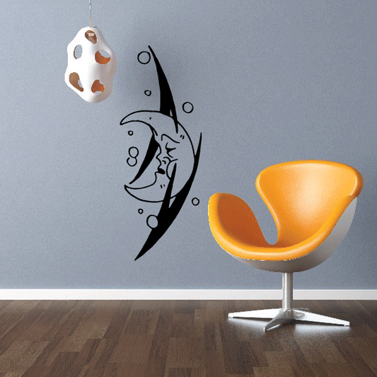 Moon in water wall decal with black crescent moon and orange glow water shapes