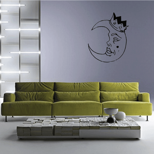 Moon king wall decal, black outline of king on crescent moon.