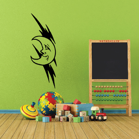 Crescent moon lightning wall decal, black outline graphic