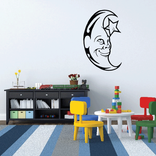 Crescent moon wall decal with star above and smiling face.
