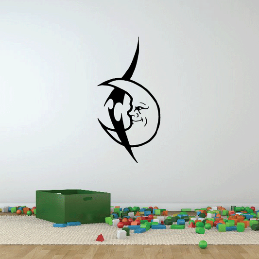 Moon looking out wall decal, black and white crescent moon face design