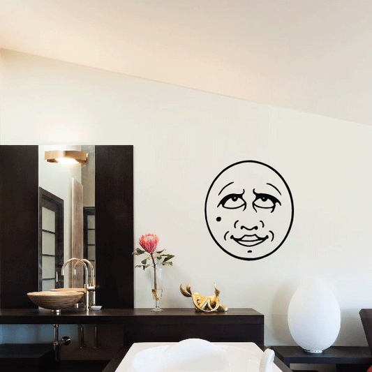 Moon face wall decal with black outline, looking upward