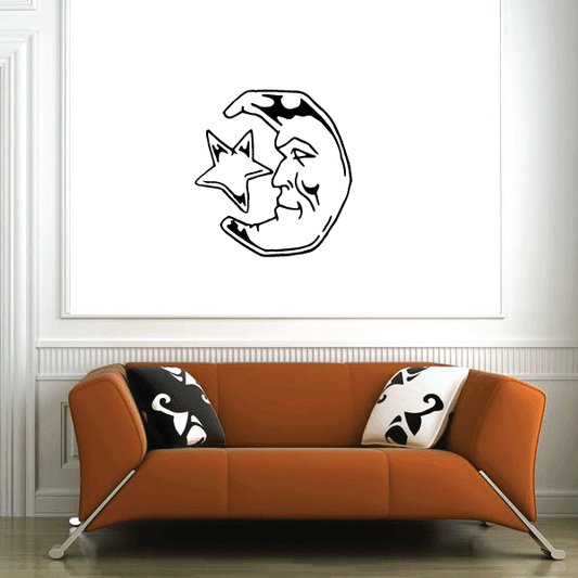 Moon nose to star wall decal, black outline moon with stars and face