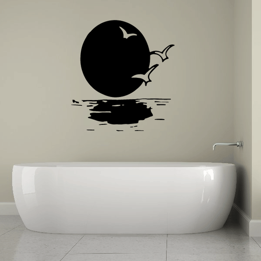 Moon and water wall decal with dark round moon above black ripples