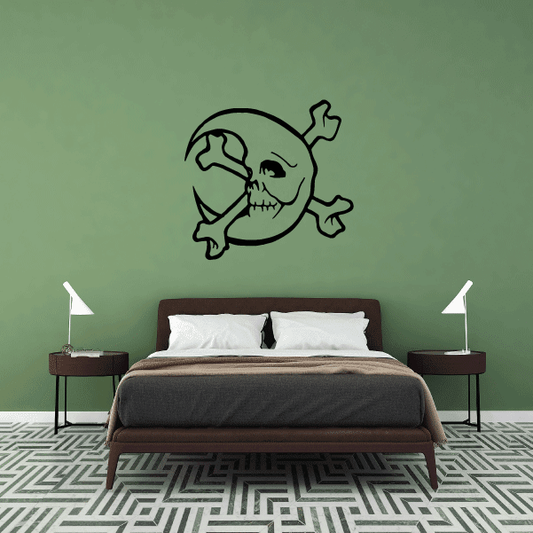 Moon skull and crossbones wall decal, black outline on light surface