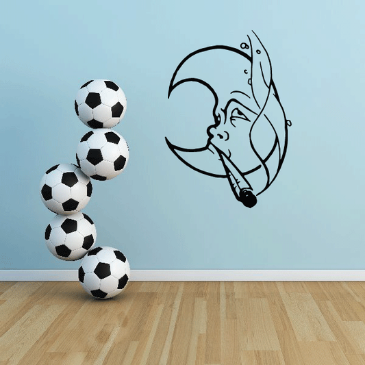 Moon smoking blunt decal with outlined face and smoke, black design
