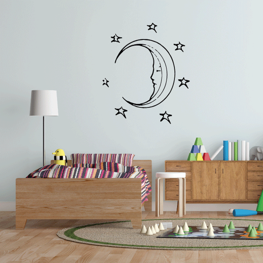 Moon and star wall decal with crescent moon and small star outlines