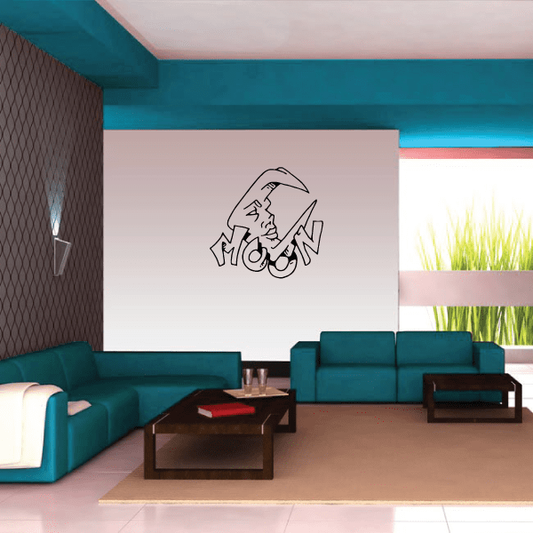Moon text decal wall sticker with line-art moon and face