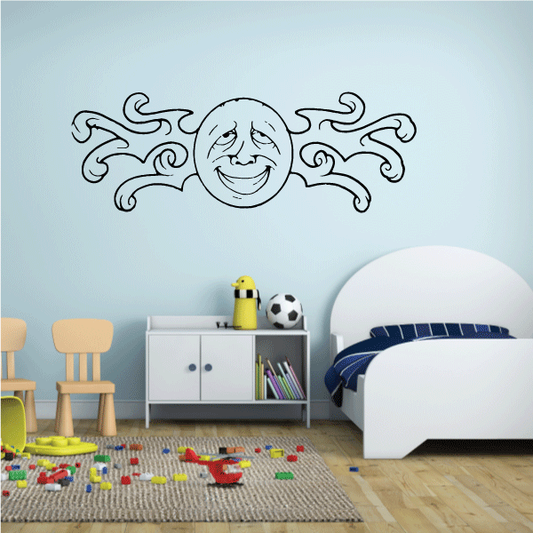 Smiling moon face decal with swirling curls, thin black outline