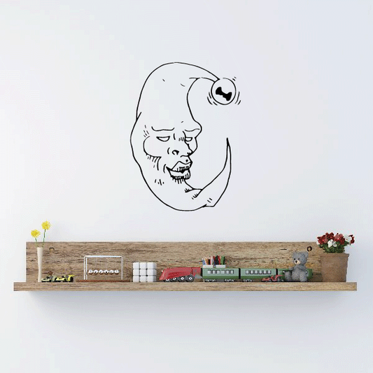 Moon decal with face whistling and small bell detail, black line art